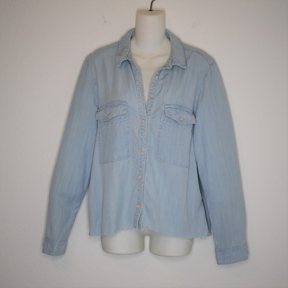 Anthropologie Pilcro Sz M Lyocell Boyfriend Button Down Shirt Cropped Relaxed